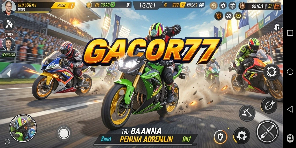 Gameplay GACOR77 menampilkan balapan motor yang mendebarkan dan kompetitif.