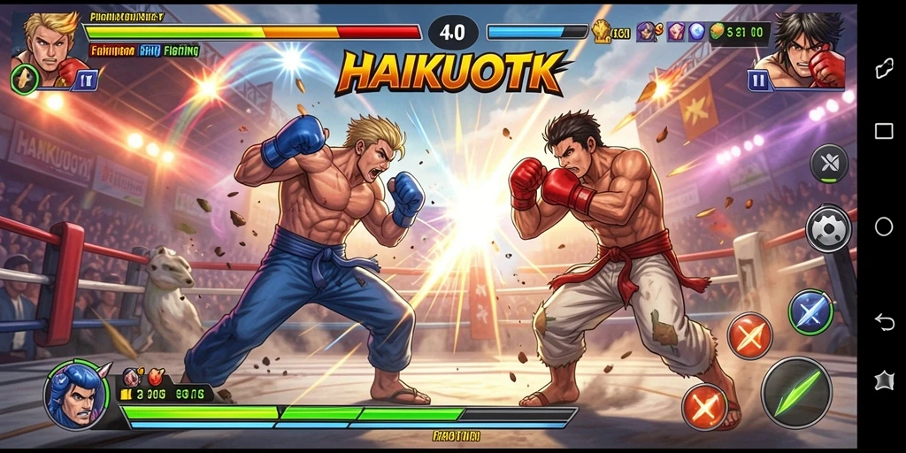Screenshot menampilkan pertarungan sengit dalam HAIKUOTK dengan karakter yang sedang bertarung.