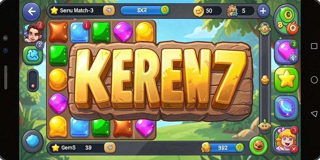 Screenshot utama KEREN77 menampilkan gameplay Match-3 yang penuh warna.