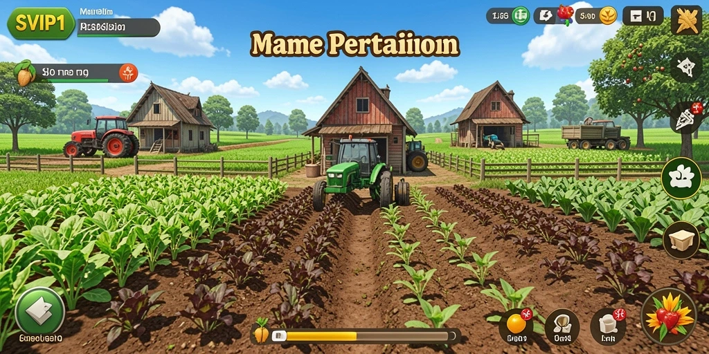 Tangkapan layar gameplay SVIP1 yang menunjukkan aktivitas bertani dan memanen.