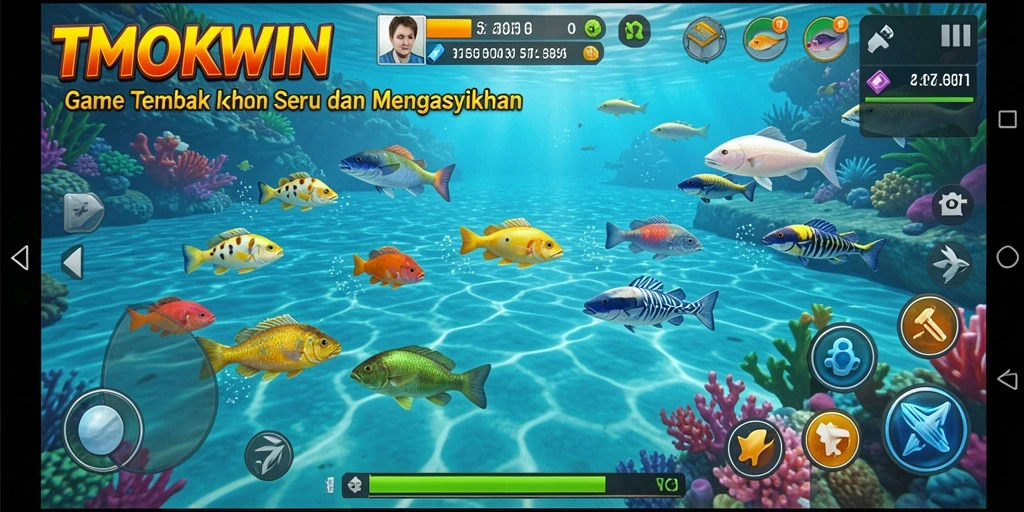 Tampilan gameplay TMOKWIN dengan aksi menembak ikan yang seru.